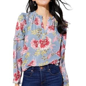 LOFT Floral Ruffle Blouse - Blue, Red, Yellow